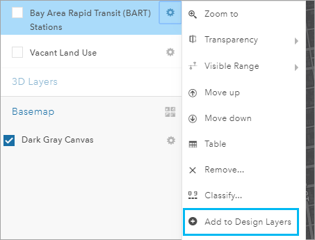 Option de menu Add to Design Layers (Ajouter aux couches de conception) Option de menu Add to Design Layers (Ajouter aux couches de conception)